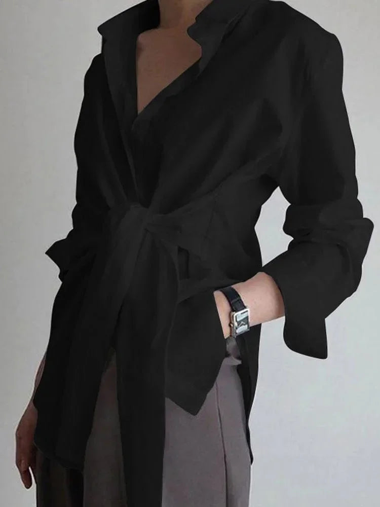 Dames blouse oversized met ceintuur en lange mouwen - Zakelijk
