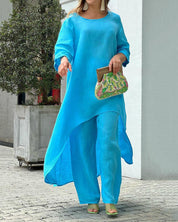 Women's summer set with maxi top and wide trousers - Off-shoulder