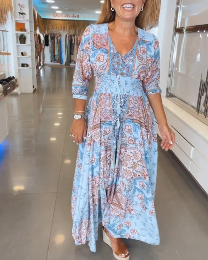 Dames Maxi Jurk Boho Print | Lange Jurk met V-Hals en Gesmokte Taille
