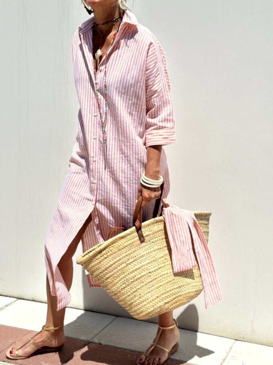 Dames Lange Overhemdjurk met Strepen | Shirt Dress met Knoopsluiting en Ceintuur