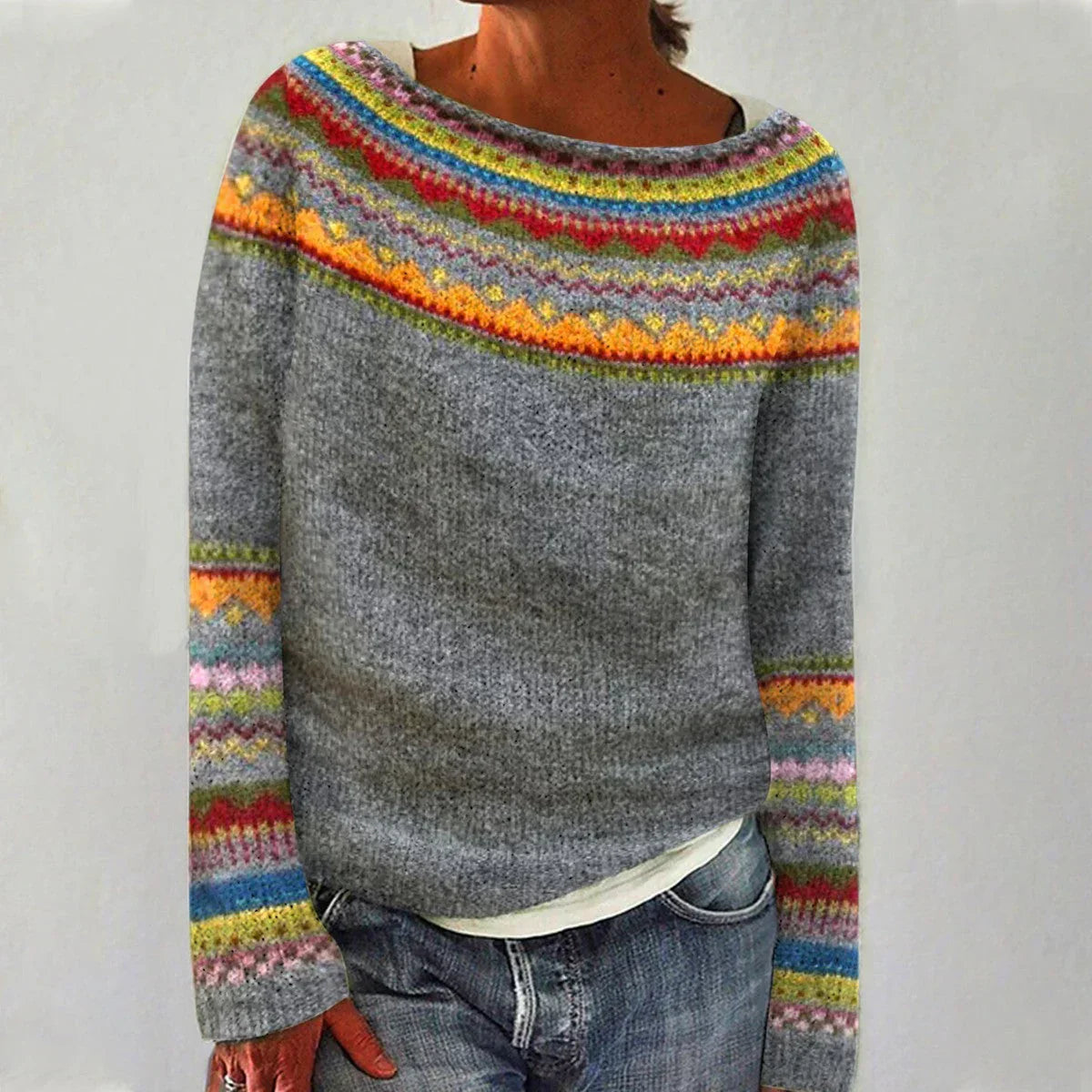 Gebreide dames sweater | Trui met ronde hals en patroon
