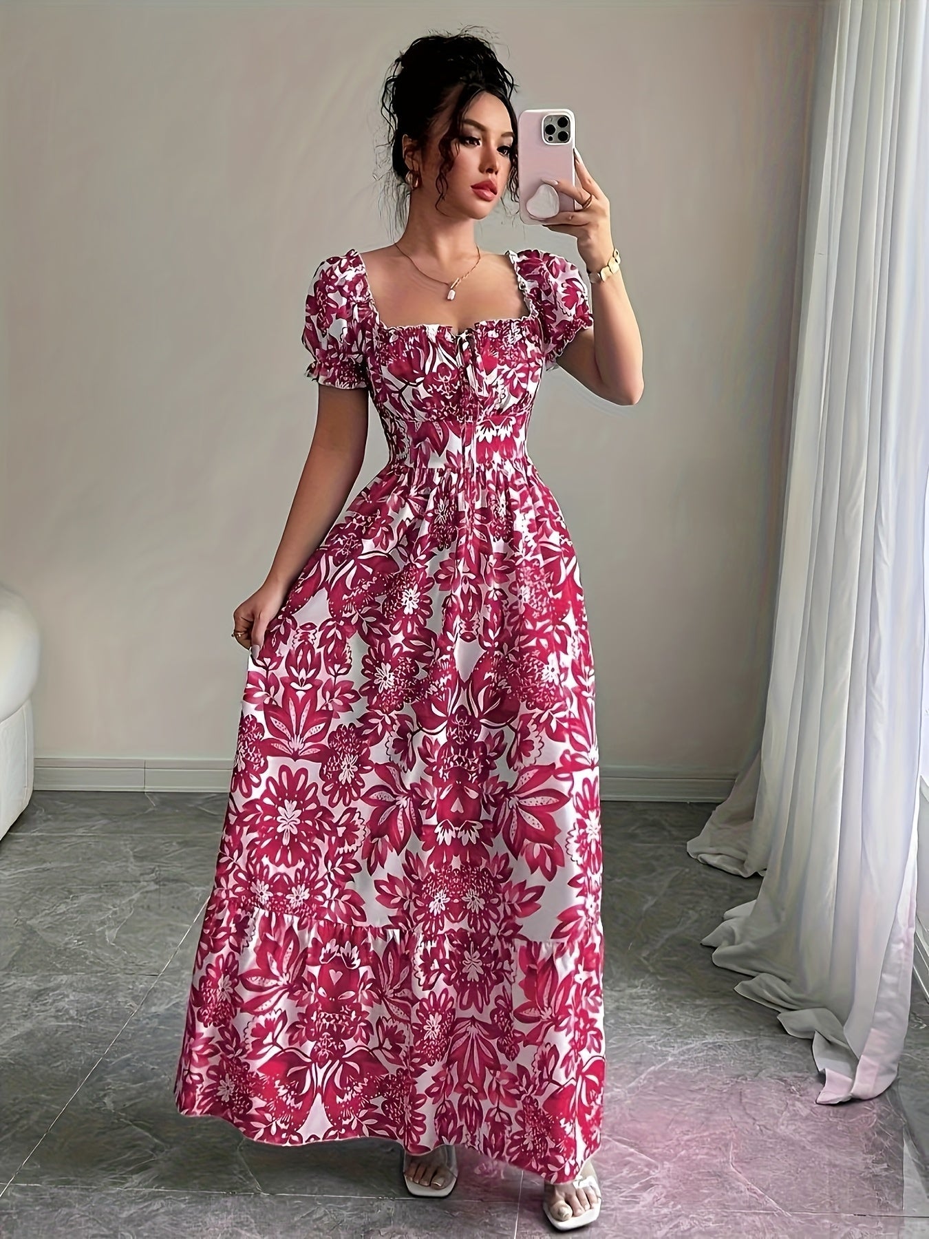 Dames zomerjurk maxi met print en korte pofmouwtjes