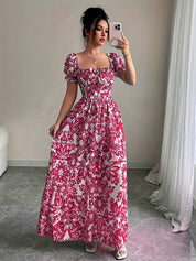 Dames zomerjurk maxi met print en korte pofmouwtjes
