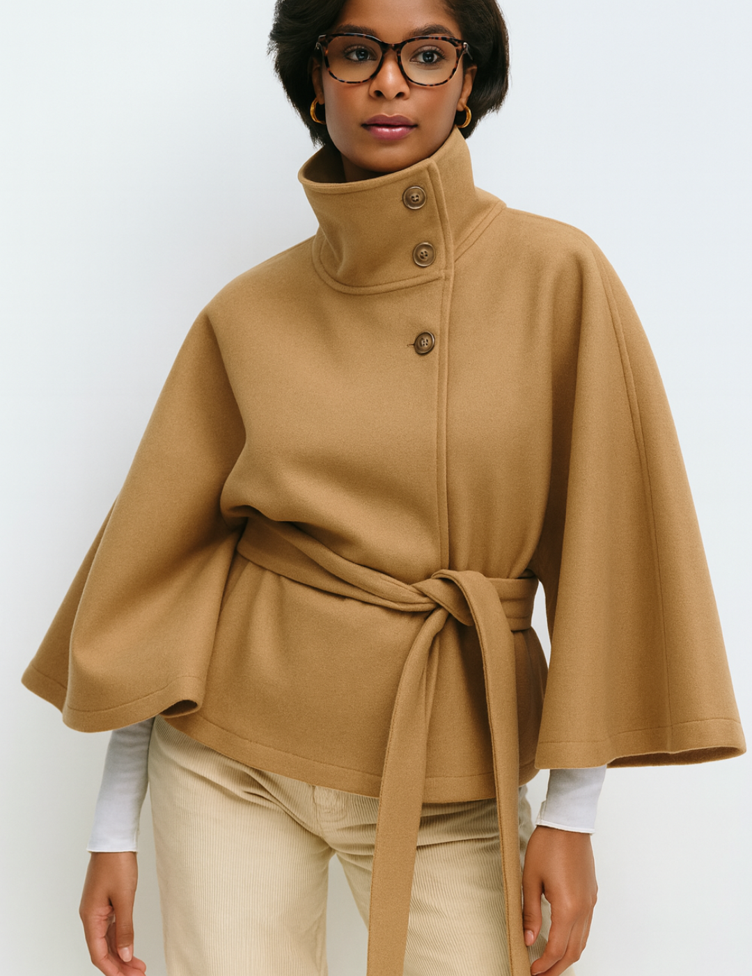 Korte dames mantel met ceintuur | Warme jas met hoge kraag