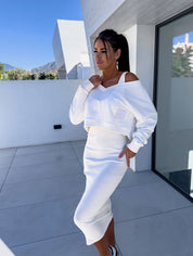 Tweedelige Dames Set Crop Top met Lange Mouw | Midi Rok met Split