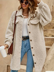 Dames teddy jas lang | Warme oversized shacket met knopen