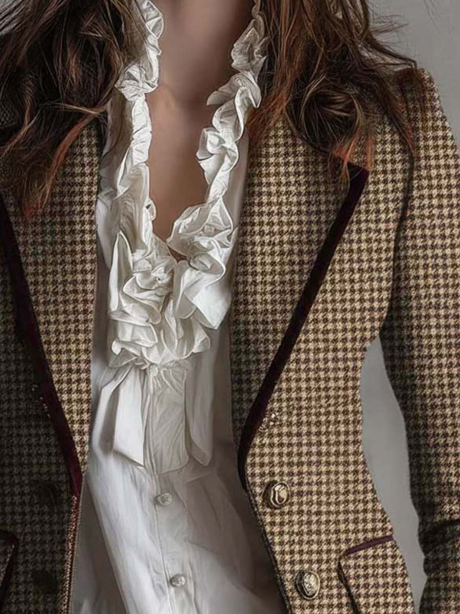 Bruine dames blazer met pied-de-poule patroon | Zakelijke outfit