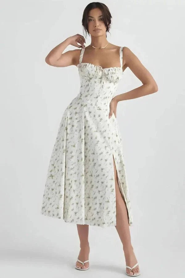 Floral Corset Midi Jurk met Split | Elegante Zomerjurk Dames
