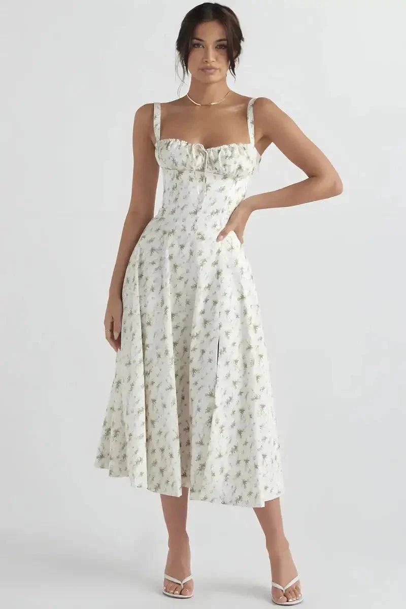 Floral Corset Midi Jurk met Split | Elegante Zomerjurk Dames