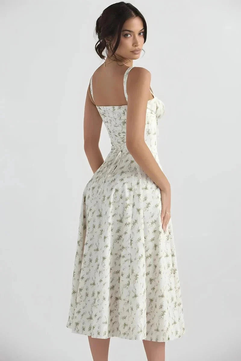 Floral Corset Midi Jurk met Split | Elegante Zomerjurk Dames