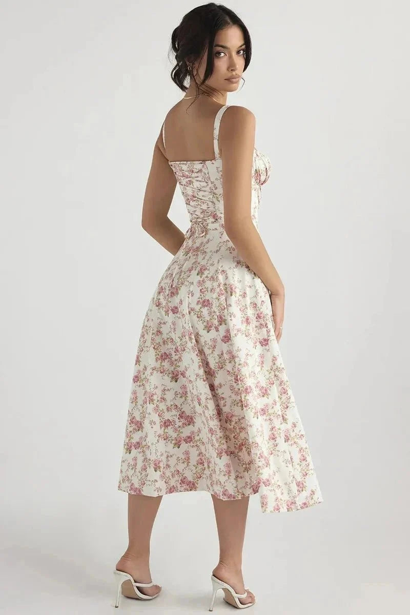 Floral Corset Midi Jurk met Split | Elegante Zomerjurk Dames