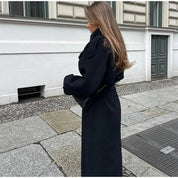 Dames maxi trenchcoat | Lange zwarte mantel met warme wollen look