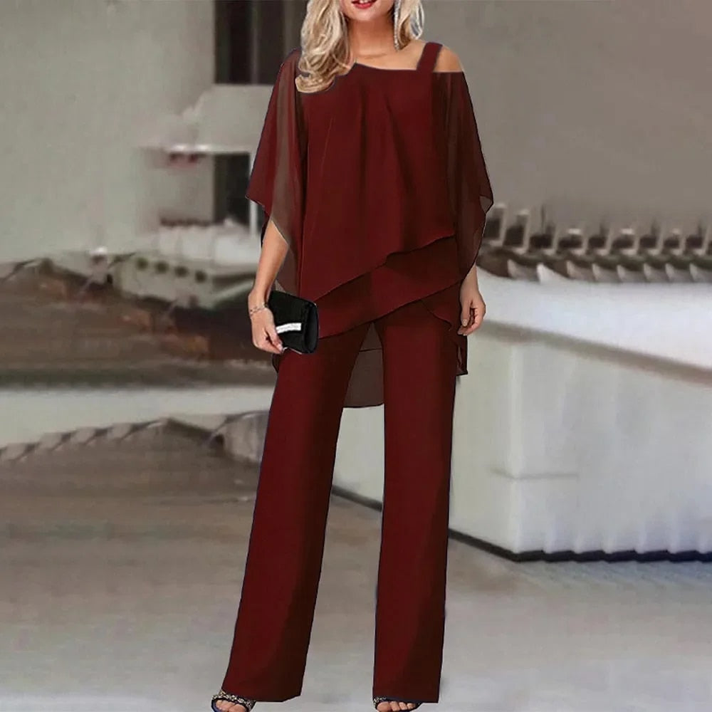 Feestelijk Broekpak Dames met Schoudervrije Vloeiende Top | Tweedelige Set Lange Broek
