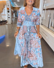 Dames Maxi Jurk Boho Print | Lange Jurk met V-Hals en Gesmokte Taille