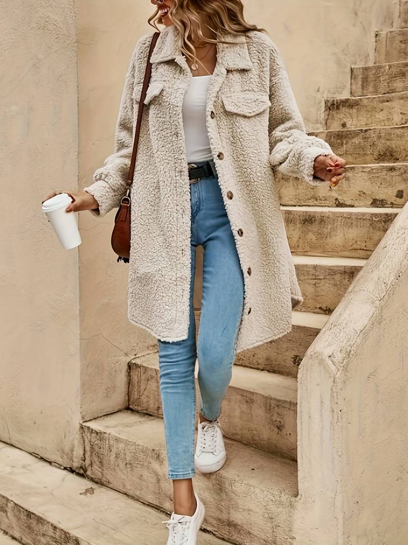 Dames teddy jas lang | Warme oversized shacket met knopen