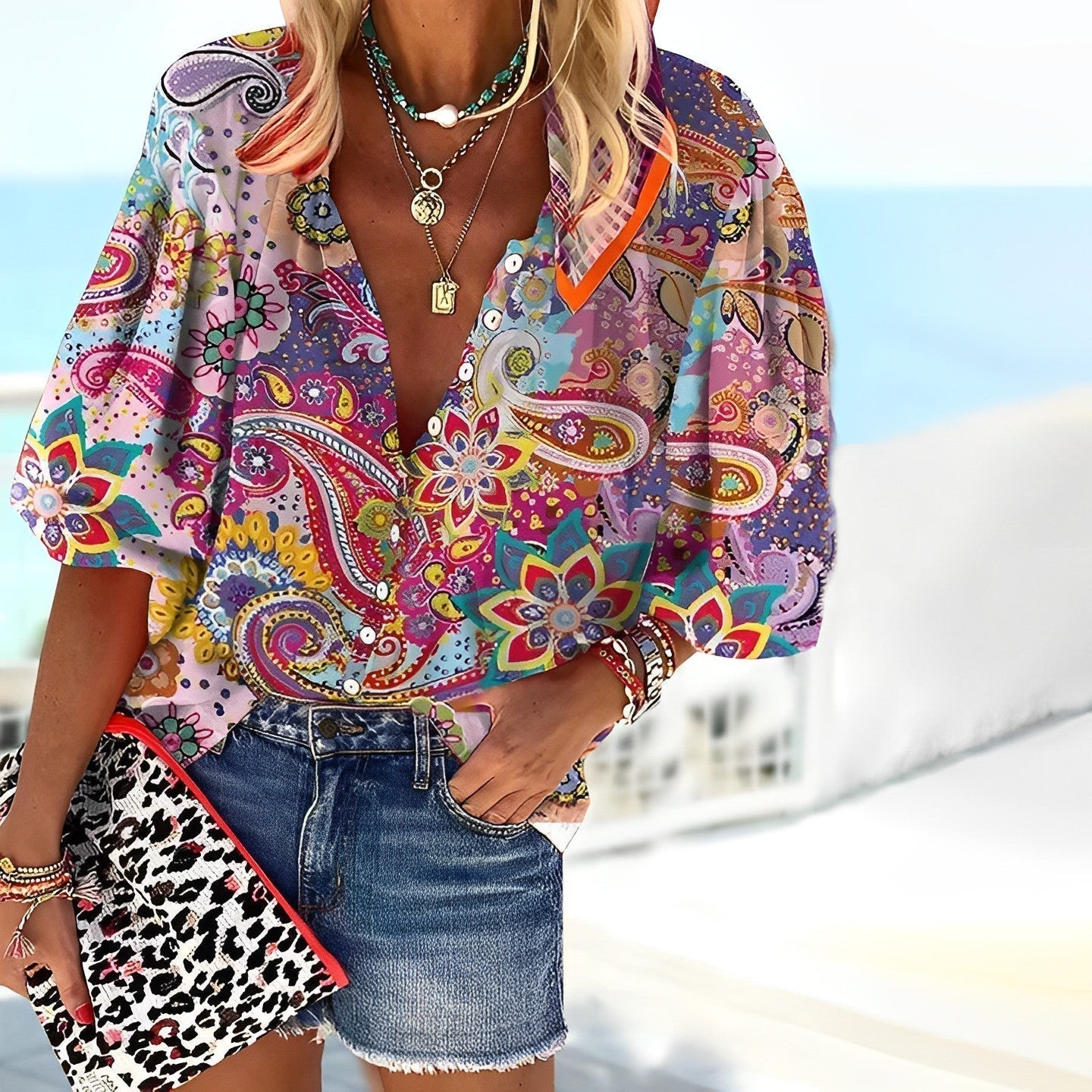 Dames zomerblouse met mandala print en losse schouders