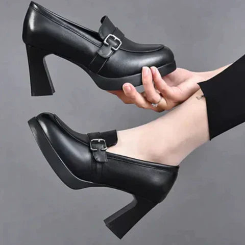 Dames Instappers met Hoge Blokhak | Loafers Stijl met Gespdetail