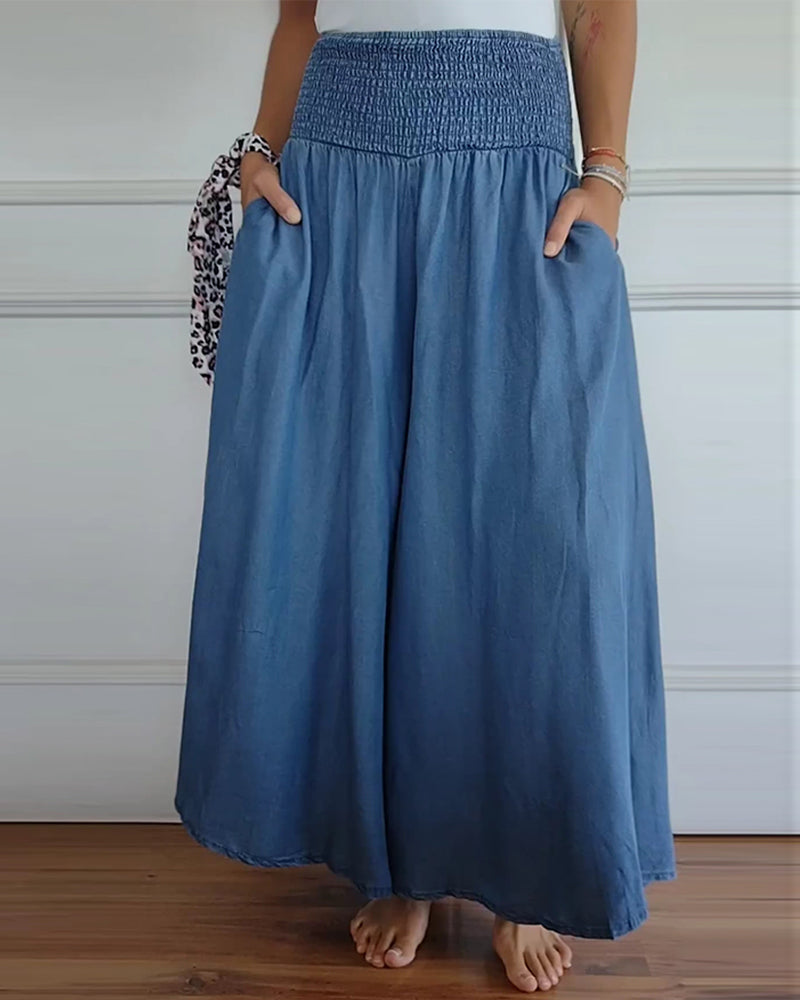 Dames wijde broek met hoge taille en elastische tailleband