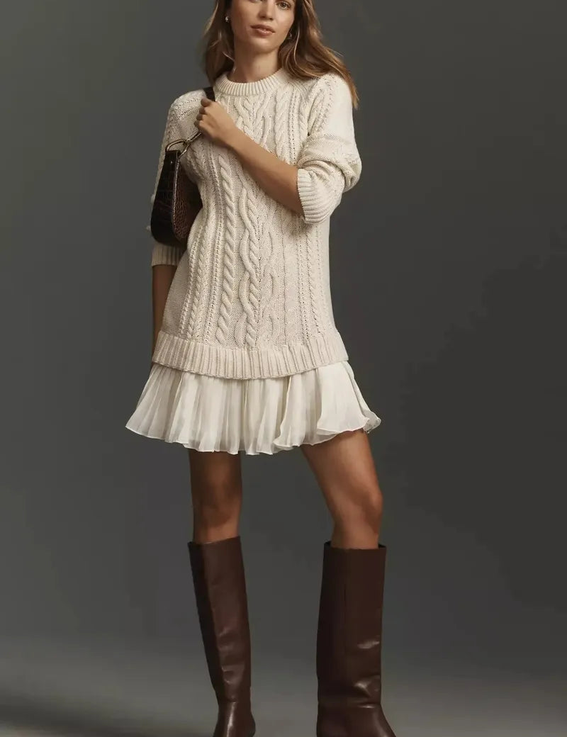 Dames winter sweater jurk | Kabelgebreid met geplooide rok