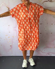 Women's midi shirt dress summer - Polka dots and short sleeves
