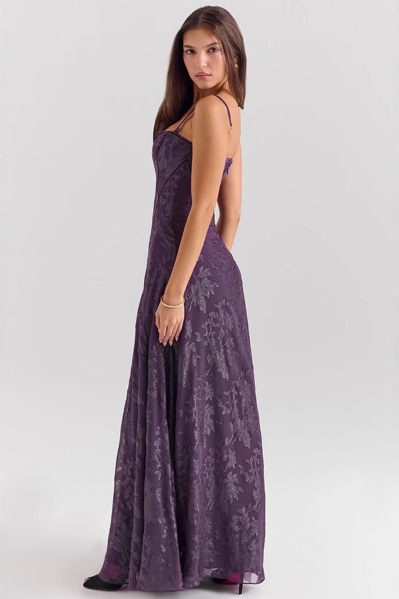 Dames avondjurk chiffon off-shoulder maxi - Paars en zwart