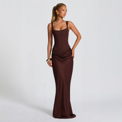 Women's evening dress with square neckline and pleated maxi silhouette