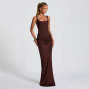 Women's evening dress with square neckline and pleated maxi silhouette