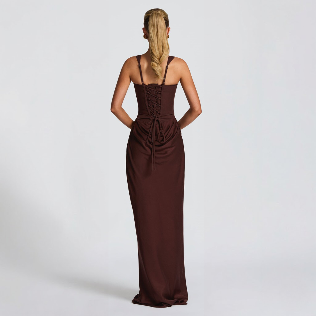 Women's evening dress with square neckline and pleated maxi silhouette