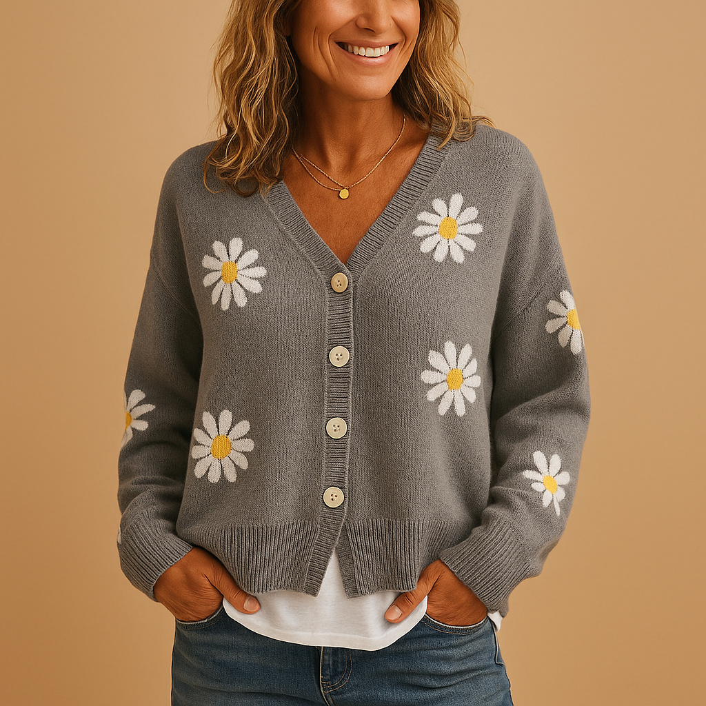 Dames cardigan met bloemenprint | Gebreid vest met knopen