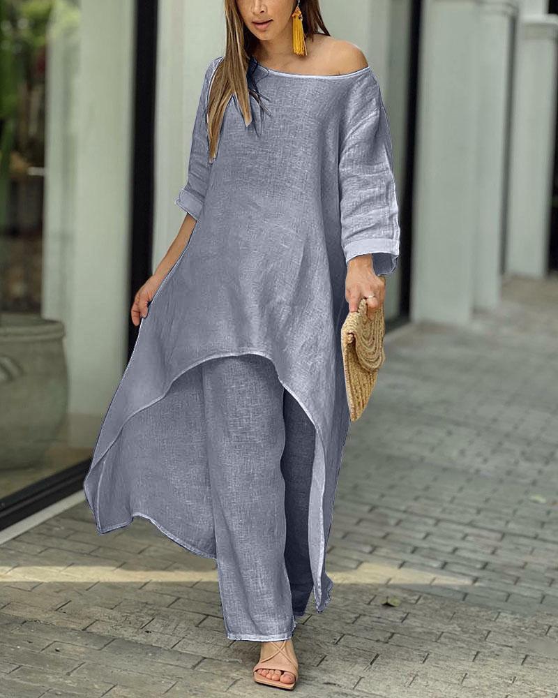 Women's summer set with maxi top and wide trousers - Off-shoulder