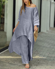 Women's summer set with maxi top and wide trousers - Off-shoulder