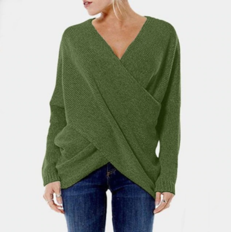 Dames Trui met Overgooi V-Hals | Gebreide Trui met Gekruist Design