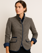 Getailleerd Dames Jasje | Nette Blazer Kantoor | Grijze Blazer met Contrasterende Bies