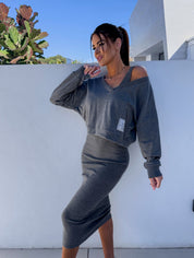 Tweedelige Dames Set Crop Top met Lange Mouw | Midi Rok met Split