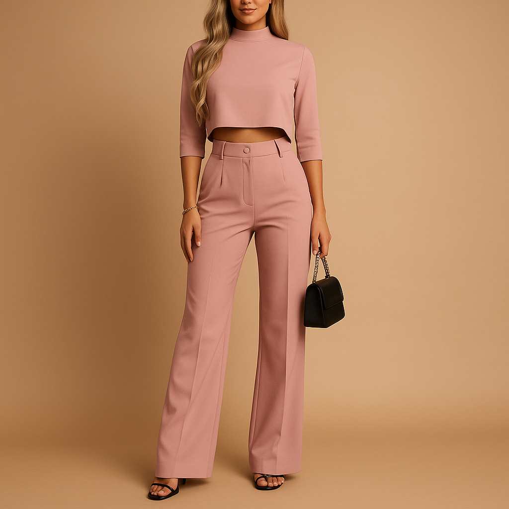 Dames Twee-Delige Herfstset | Cropped Top met Halflange Mouwen en High-waist Broek