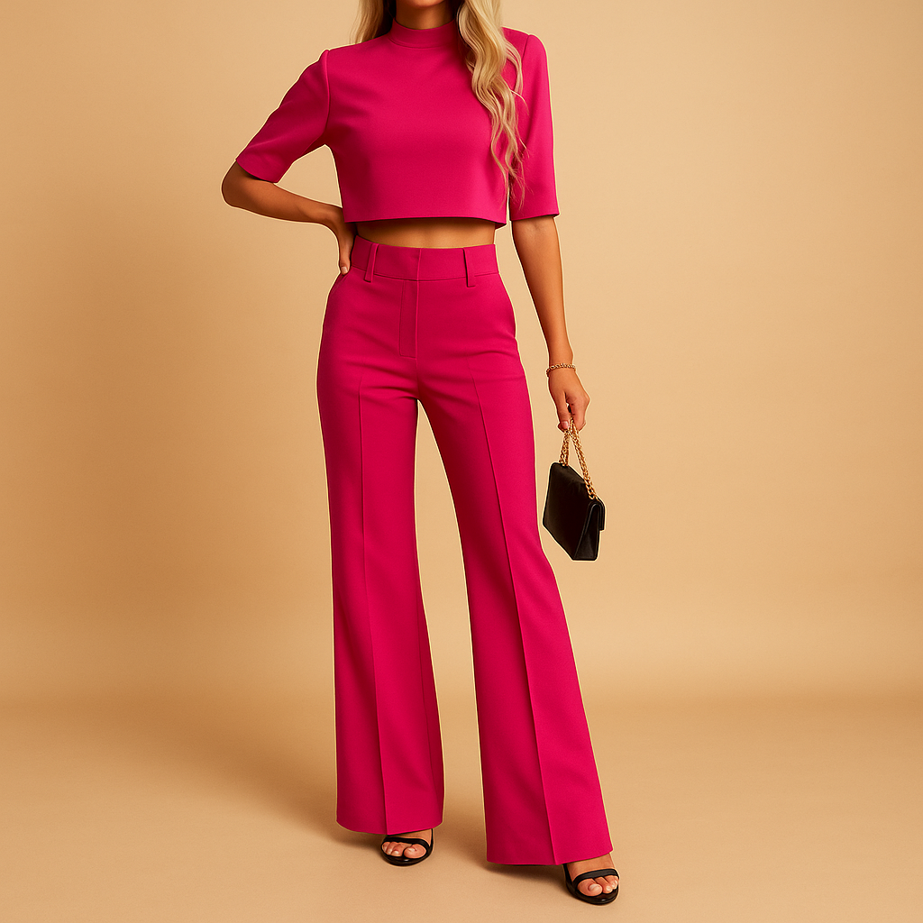 Dames Twee-Delige Herfstset | Cropped Top met Halflange Mouwen en High-waist Broek