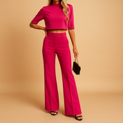Dames Twee-Delige Herfstset | Cropped Top met Halflange Mouwen en High-waist Broek