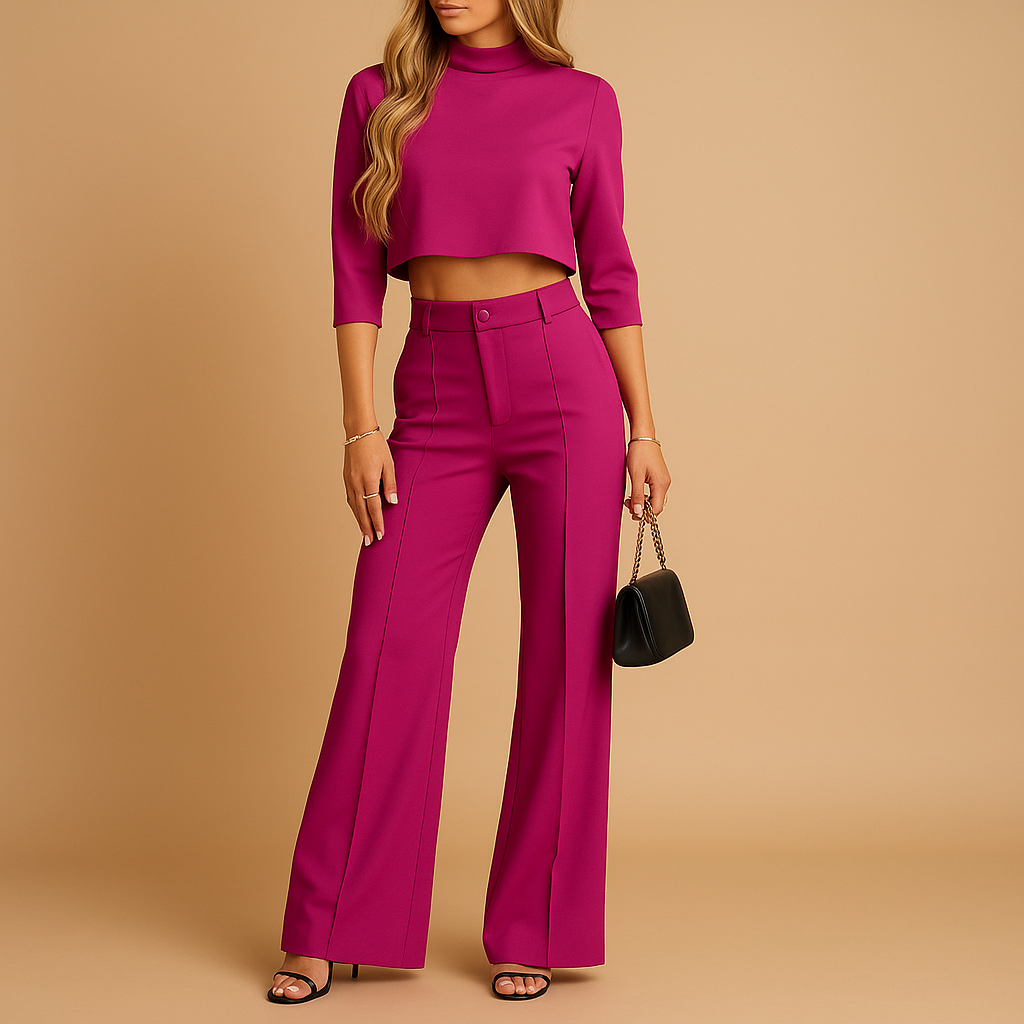 Dames Twee-Delige Herfstset | Cropped Top met Halflange Mouwen en High-waist Broek