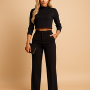 Dames Twee-Delige Herfstset | Cropped Top met Halflange Mouwen en High-waist Broek