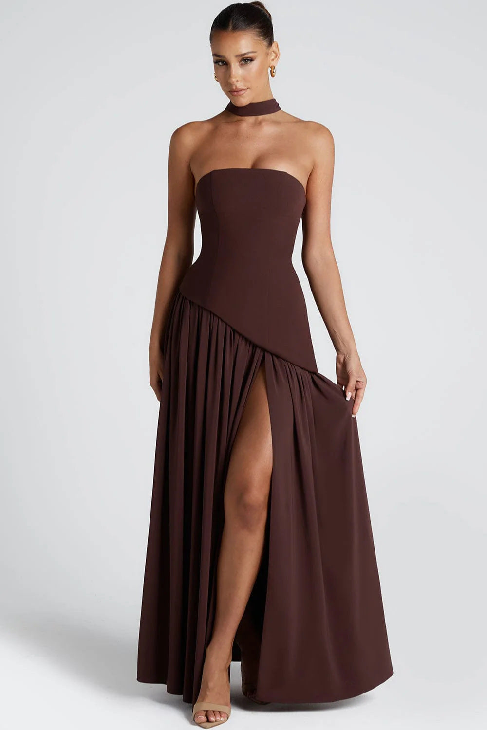 Dames avondjurk strapless met asymmetrische taille