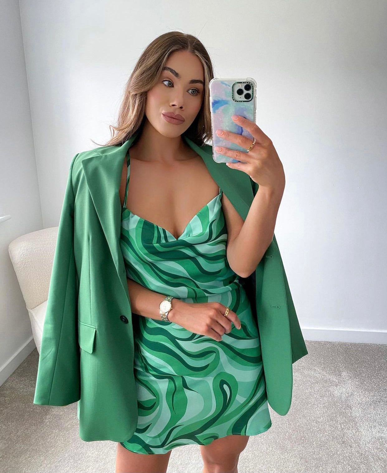 Kort zomerjurkje dames satijn - Kruisbandjes met open rug en groene print