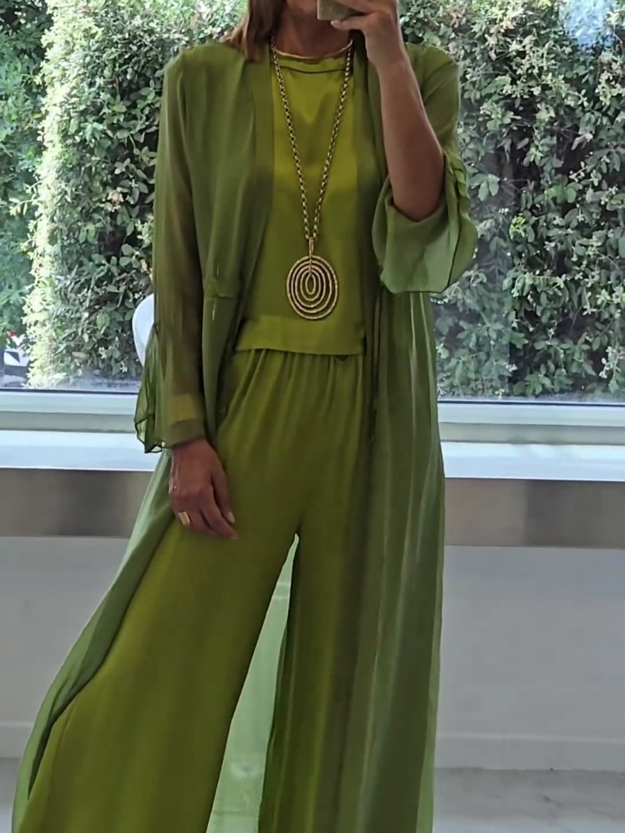 Women's three-piece set with wide pants and long vest