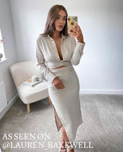 Dames beige crop shirt en midi rok set met split