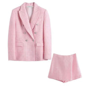 Dames tweed blazer en rok set in roze
