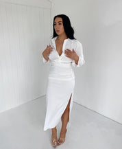 Dames witte crop shirt en midi rok set met split - Zomer set