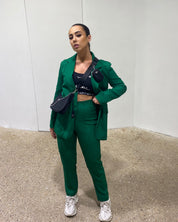 Dames donkergroene blazer en broek set met schoudervulling