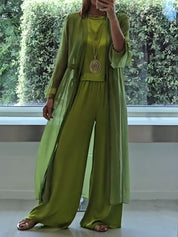 Women's three-piece set with wide pants and long vest