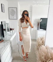Dames beige crop shirt en midi rok set met split