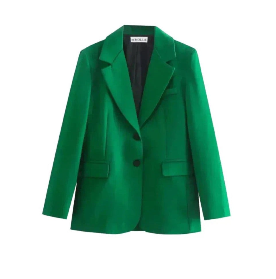 Dames donkergroene blazer en broek set met schoudervulling