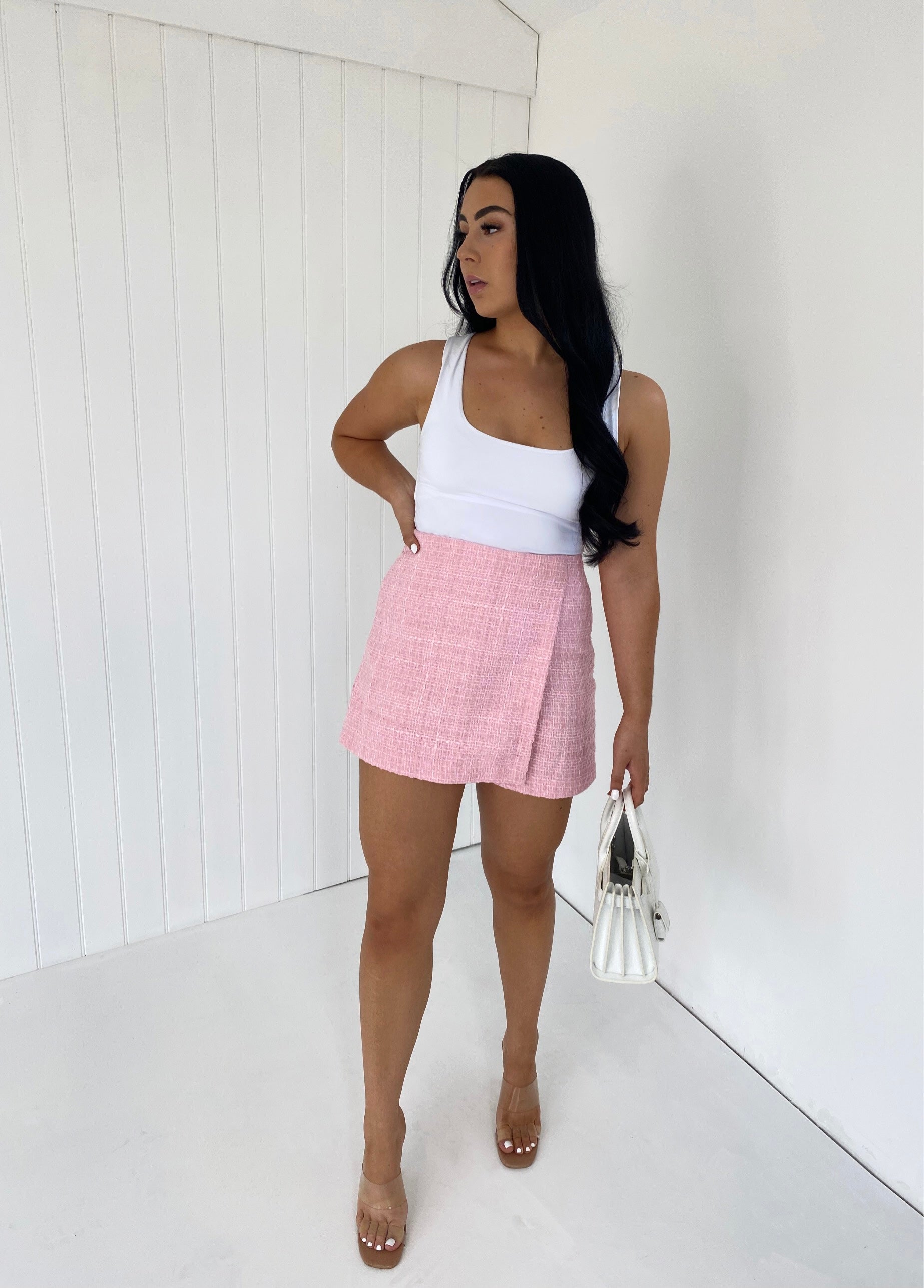 Dames tweed blazer en rok set in roze